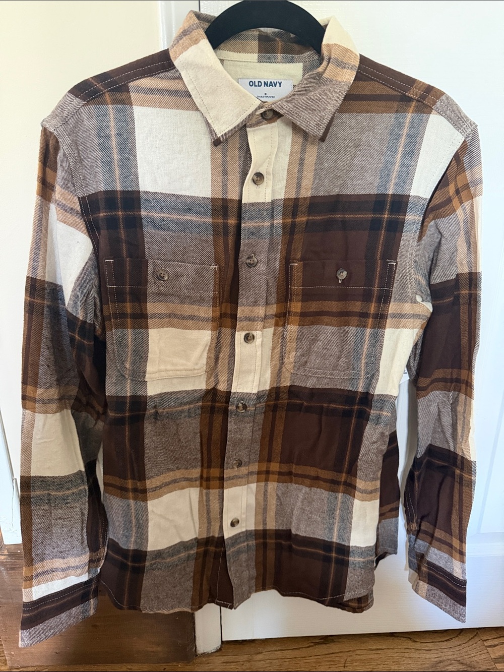 Old Navy Brown and Cream Plaid Men's Button-Down Flannel Shirt